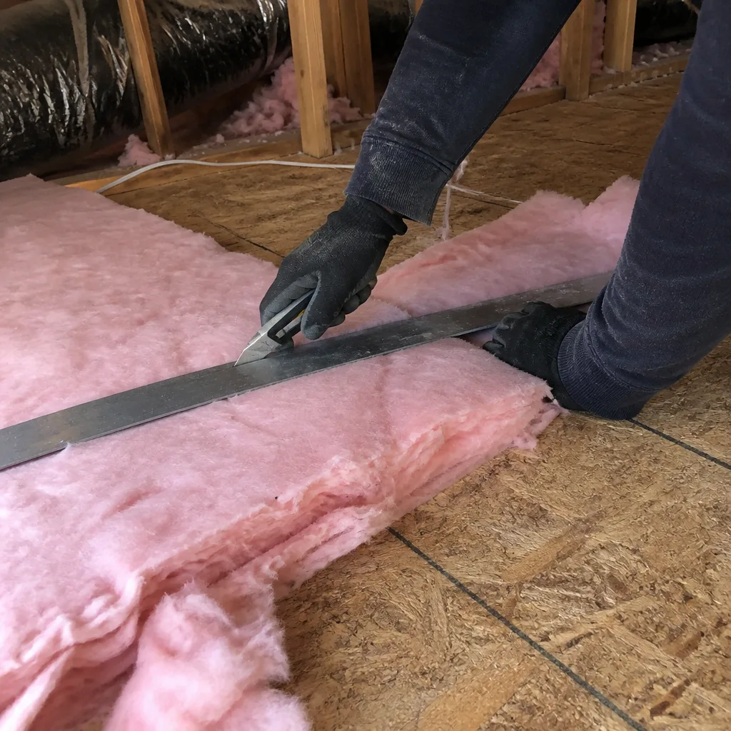 Worker cutting pink fiberglass attic insulation with a utility knife