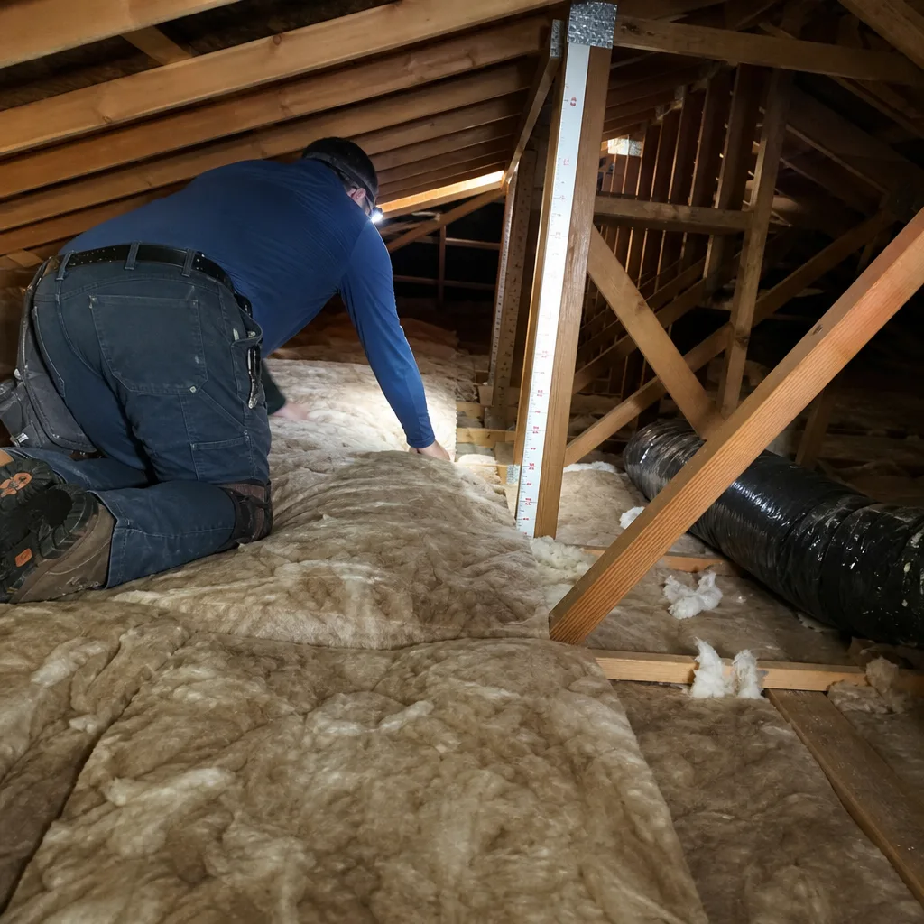 Professional technician installing fiberglass insulation in a residential attic