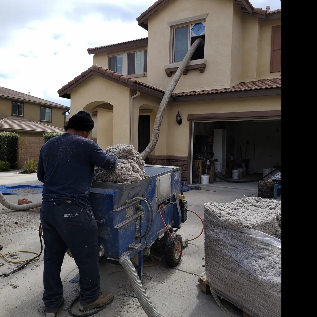 Technician using professional machinery for residential blown-in insulation installation