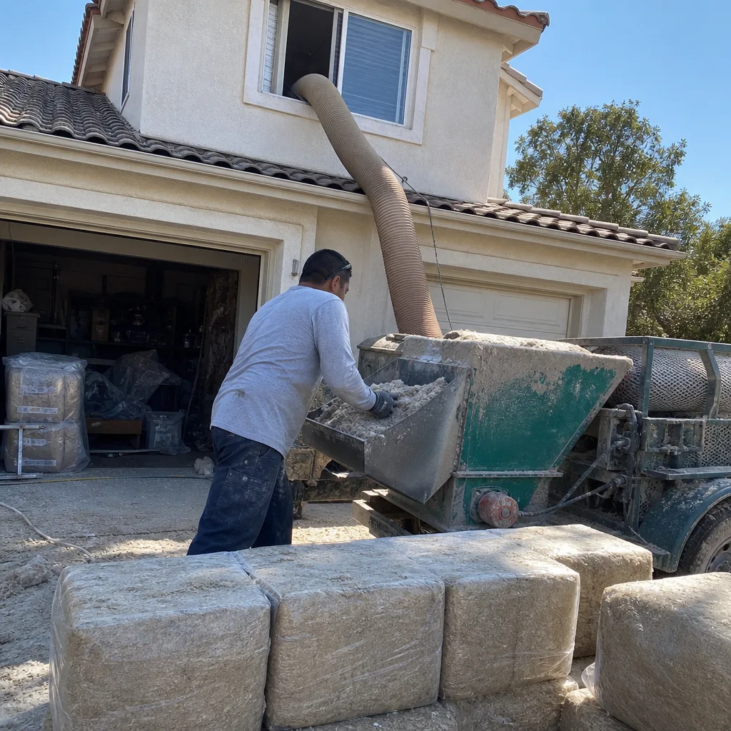 Technician using professional machine for residential blown-in insulation installation