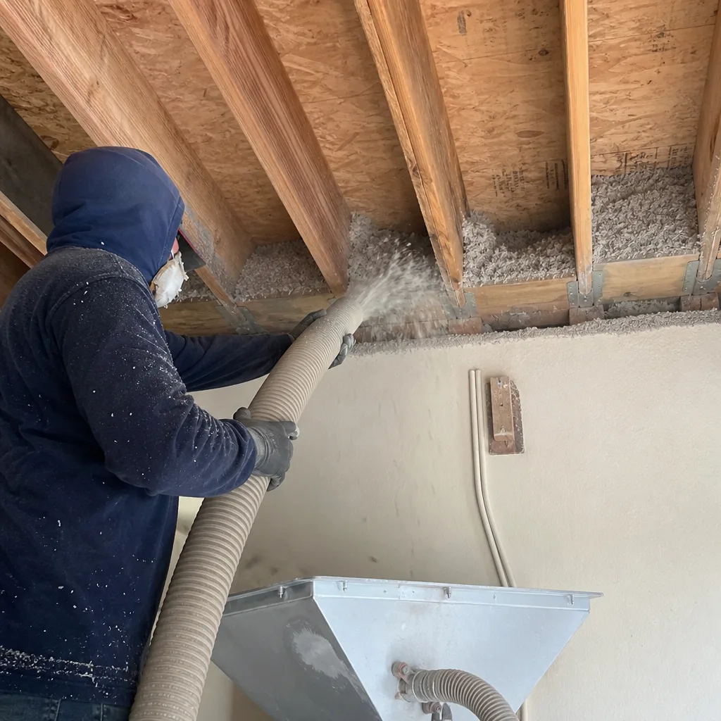 Worker installing blown-in cellulose insulation between wooden joists