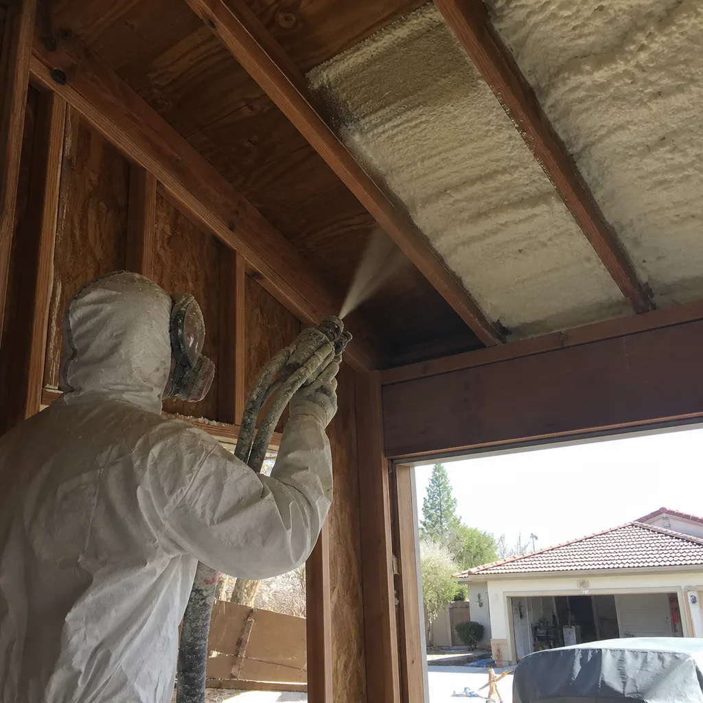 Contractor applying spray foam insulation to an unfinished residential ceiling.