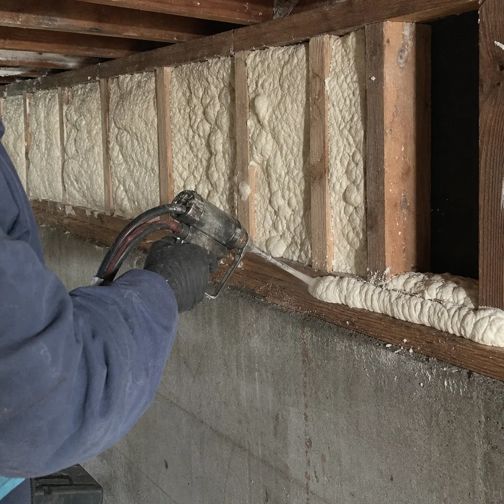 Technician applying spray foam insulation to basement rim joists